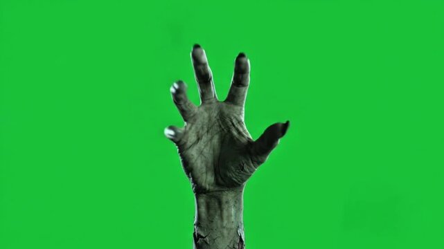 Decayed undead zombie hand rising and grasping aggressively on chroma key green screen background
