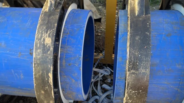 Separated sections of polyethylene pipe to be joined via butt fusion welder, or butt fusion welding machine. Sewer pipe of large diameter firmly clamped in butt-welding machine