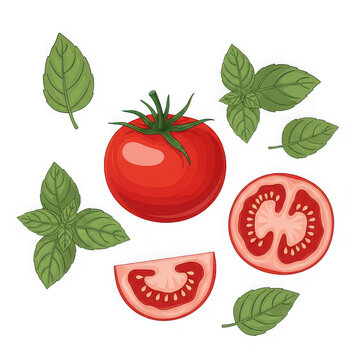 Fresh tomatoes and basil leaves vector illustration set