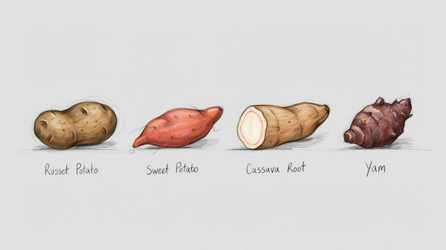 Illustrated comparison of different types of root vegetables and tubers