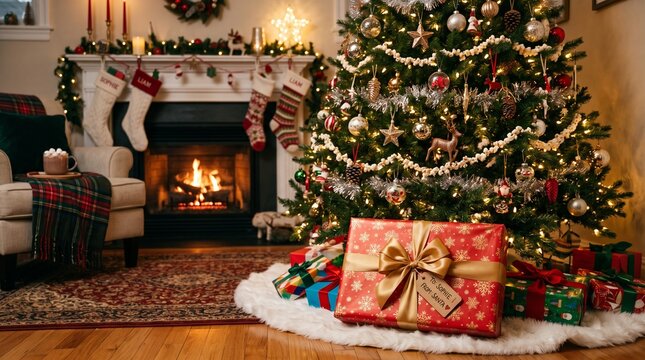 Festive Christmas Living Room with Decorated Tree, Fireplace and Wrapped Gifts
