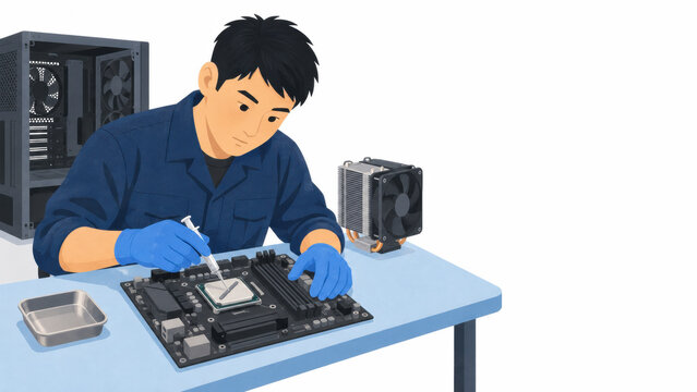 Young man in blue work clothes and gloves installs a processor on a computer motherboard at a workbench. Computer hardware repair and assembly concept.