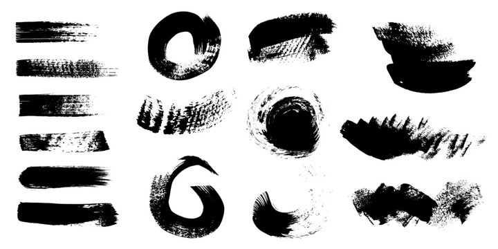 Set of paint brush, ink splatter, stains and paint stroke. Collection of grunge brush strokes and splash of paint. Artistic textures. Dirty design elements, backgrounds. Kit of black ink paintbrush