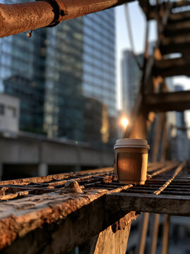 Paper coffee cup with a sleeve sitting on a rusty metal fire escape grid during golden hour sunset. Blurred urban skyscraper background with sun flar