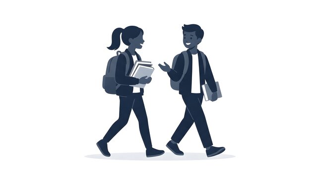 Smiling school children walking together with backpacks and textbooks while chatting happily during sunny morning commute illustrated in minimal vector line art style