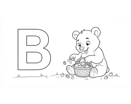 Cute Bear with Berries Letter B Coloring Page for Toddlers and Kids