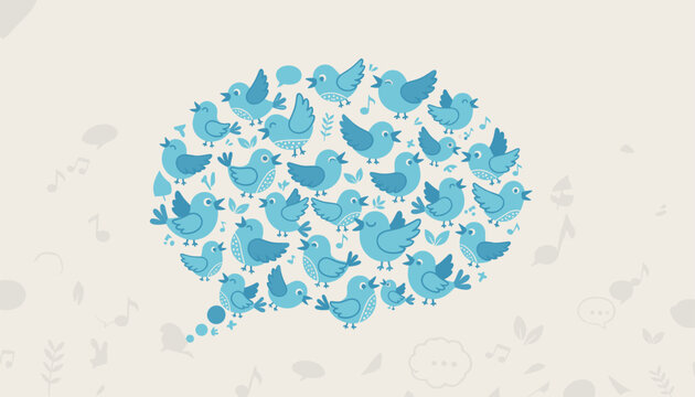 Large speech bubble shape composed of many small blue birds tweeting and singing together for social media communication theme.