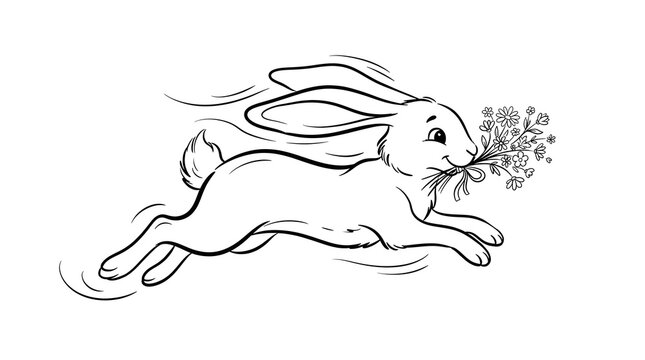 Cute running rabbit holding spring flowers in mouth depicted as a lovely black and white outline vector illustration for children coloring book pages