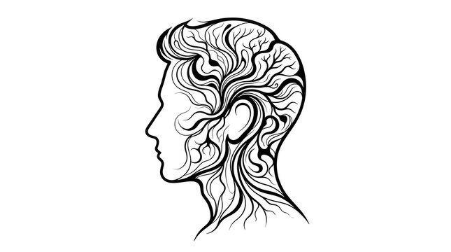 Artistic human head silhouette graphic illustration featuring intricate flowing black lines forming abstract hair patterns and neural network structures against clean white background