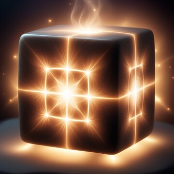 Ethereal Glowing Cube with Sacred Geometry Grid Symbolizing Connectivity and Innovation a Mystical Source of Energy Representing the Magic of Growth and Technological Evolution.