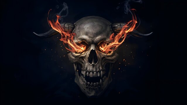 Demon skull illustration with glowing orange fire flames erupting from the eye sockets and dark horns. Detailed digital painting on a black background for fantasy and heavy metal projects