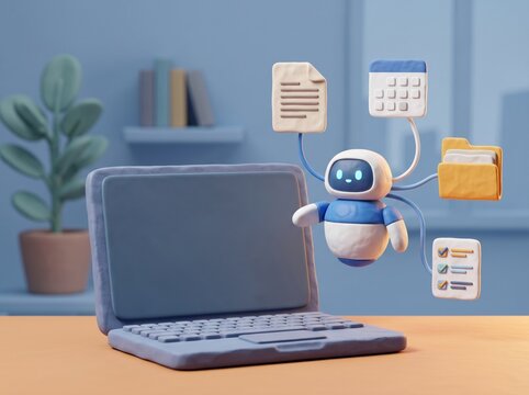 AI Robot Assistant Managing Files and Schedule: A cute, friendly AI robot assistant with big blue eyes and a white body is depicted hovering near a laptop, surrounded by icons representing files.