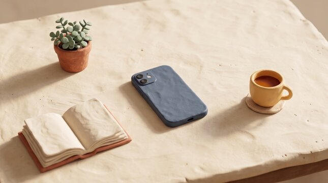 Creative Workspace Still Life: A textured mobile phone case sits next to a tiny potted succulent, an open book, and a steaming cup of coffee, arranged artfully on a light, natural surface.