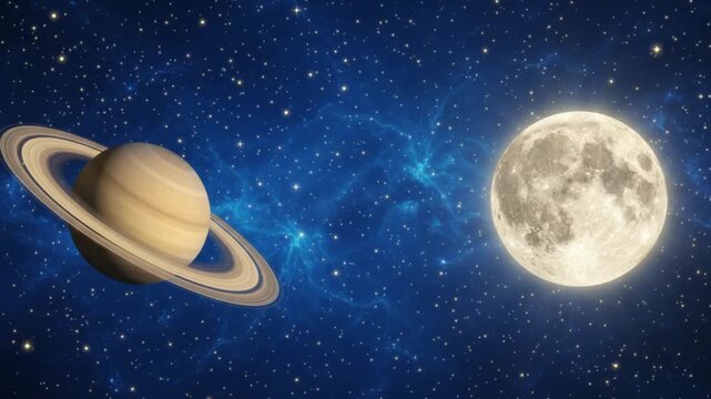 Conjunction of Ringed Planet Saturn and Full Moon Against Deep Blue Starfield Nebula