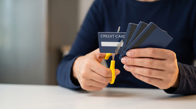 Credit card cut with scissors for payment safety. Finance crisis recession problem. bankruptcy bankrupt destroy loss, debt loan pay spending poverty