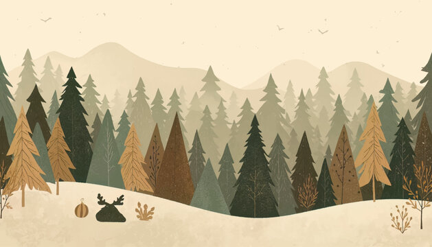 Minimal pine forest landscape illustration featuring layered trees, mountains, and calm woodland scenery. Perfect for nature branding, outdoor design, travel projects, and environmental backgrounds