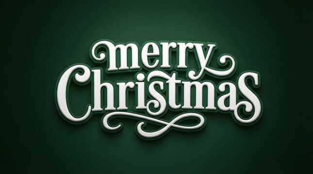 Elegant merry christmas typography with white 3d lettering on a dark green background, festive holiday greeting card design element