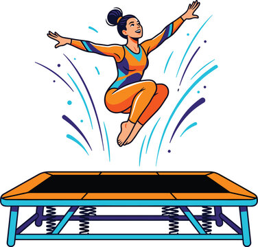 Gymnast jumping on trampoline vector illustration with vibrant orange and blue athletic style for sports design