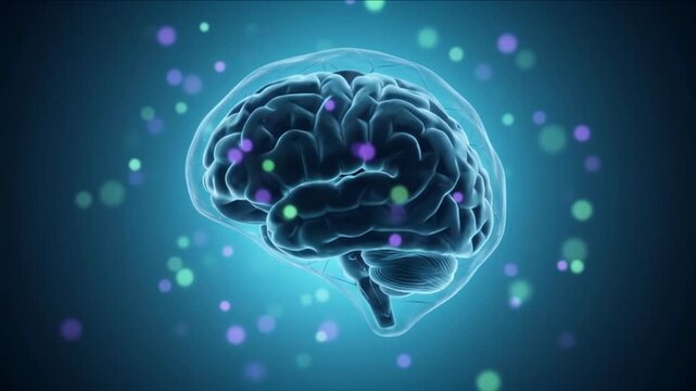 蜘蛛膜下腔に包まれた脳が紫と黄緑に発光し暗視野で拍動平衡を保つCG