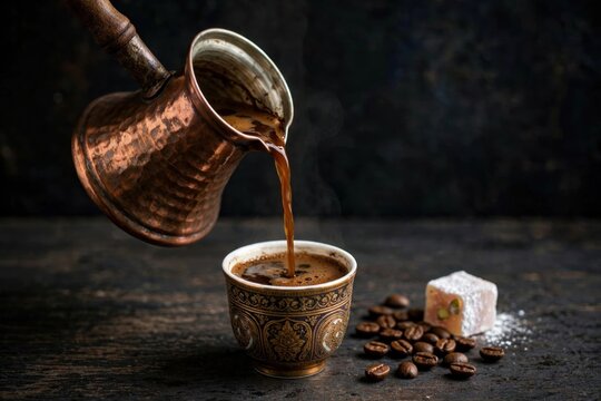 Pouring traditional Turkish coffee from copper cezve into cup.