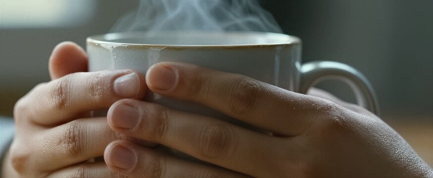 Captures Close Of Pair Hands Holding Steaming Cup Filled With Hot Beverage In Focus Fingers Wrapped Around Cups Handle Suggesting Sense