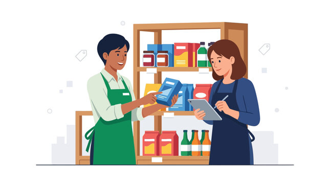 Retail workers collaborating, stocking shelves, and managing inventory in a grocery store or market.