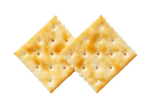 Two square saltine crackers arranged in diamond shape isolated on transparent background, top view