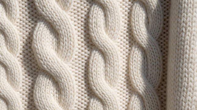 Cream cable knit sweater texture showing detailed wool threads and close up stitch pattern