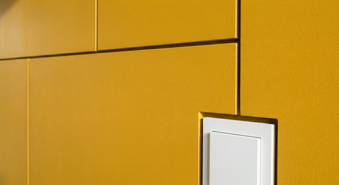 Light switch mounted inside clean white geometric paneling on bold yellow modern architectural wall