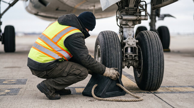 Airport ramp worker kneeling to place a wheel chock against the landing gear tire of an aircraft parked on the apron. Flight safety procedure.