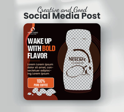 Wake up with bold flavor instant dark roast coffee jar web banner template
