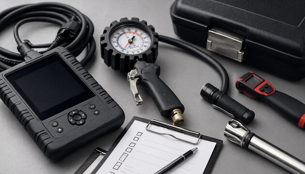 Professional Educational Concept Illustration and Equipment for Vehicle Inspection Lesson Auto Driver License Test Preparation Course