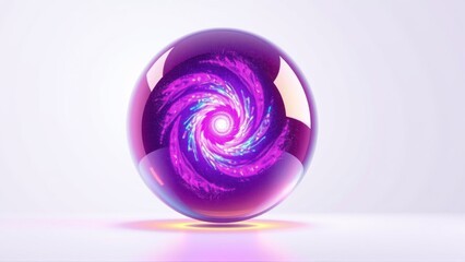 Fototapeta premium Glossy sphere contains swirling galaxy. Purple, pink hues dominate, reflecting light onto surface. Minimalist composition, elegant design.