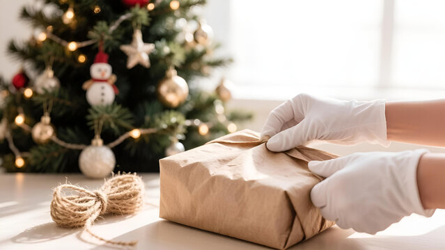 Hands in white gloves wrapping a holiday parcel with eco-friendly craft paper and jute twine near a Christmas tree. Seasonal business order packaging and delivery concept.