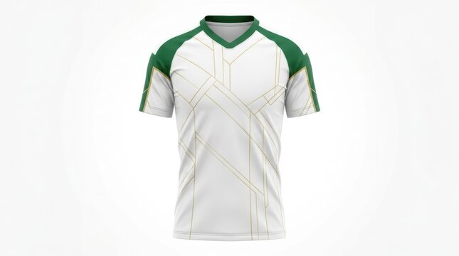 White and green sports t-shirt mockup on a plain background.