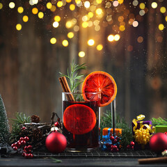 Obraz na płótnie Canvas Hot Mulled Wine with Orange Slice and Cinnamon in Festive Christmas Setting