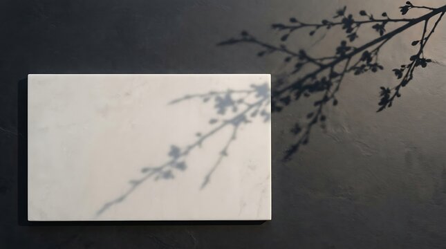 A minimalist, light-toned rectangle placed on a dark, textured surface, casting a soft shadow of a tree branch overhead, creating a serene and elegant composition