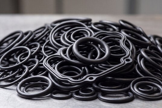 Heap of black rubber O-rings and gasket seals on metal workbench, representing industrial spare parts for hydraulic plumbing maintenance or automotive engine repair