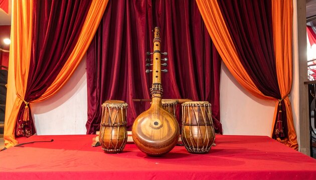 Traditional Turkish Folk Musical Instruments Saz and Drums Arranged on Stage with Red Velvet Curtains