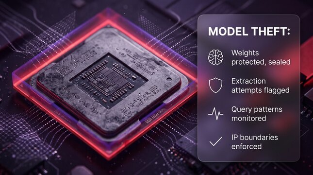 AI model theft protection concept illustration. Features microchip hardware and security status interface with weights sealed and extraction alerts. Digital security graphic for tech safety.