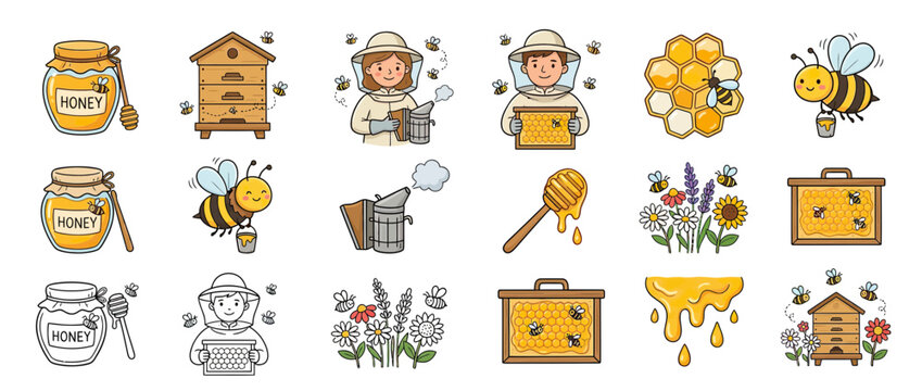 Cute Bee and Beekeeper Icon Set