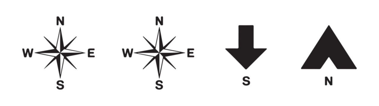 Black navigation compass wind rose and arrow icons on transparent background for map directions.