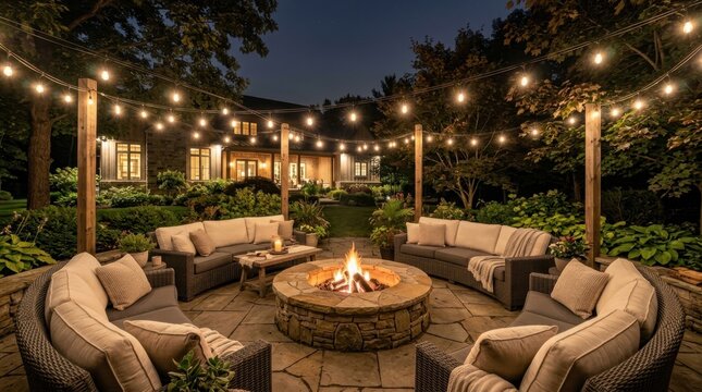 Cozy outdoor patio with a burning fire pit and string lights creating a warm ambiance at night