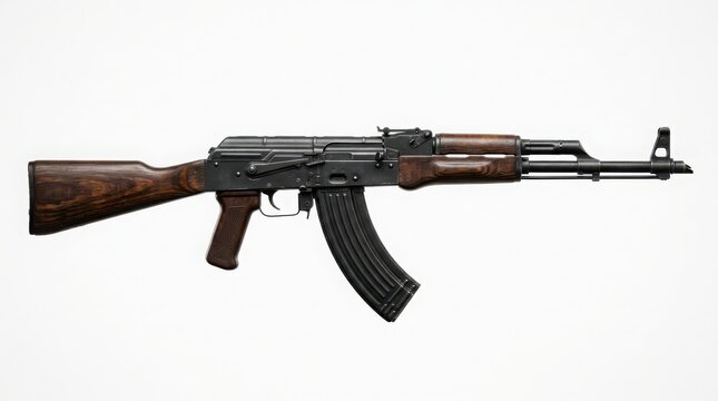 Classic ak 47 assault rifle with wooden stock and black metal barrel isolated on a clean white background