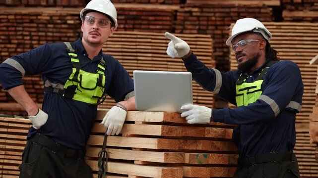 A team of workers uses a laptop to review inventory while standing near stacked timber in a lumber yard, portraying collaboration, teamwork, and modern industrial operations.