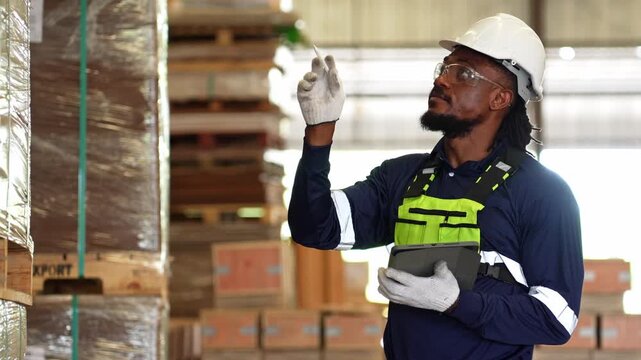 A warehouse worker holding a tablet checks inventory and counts goods near stacked wooden pallets. This scene conveys focus, diligence, and professional responsibility in a distribution center.