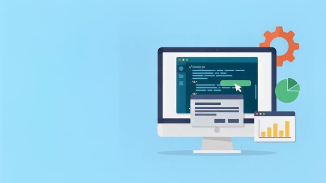 Software Development Process Flow with Programming Code Interface Illustration
