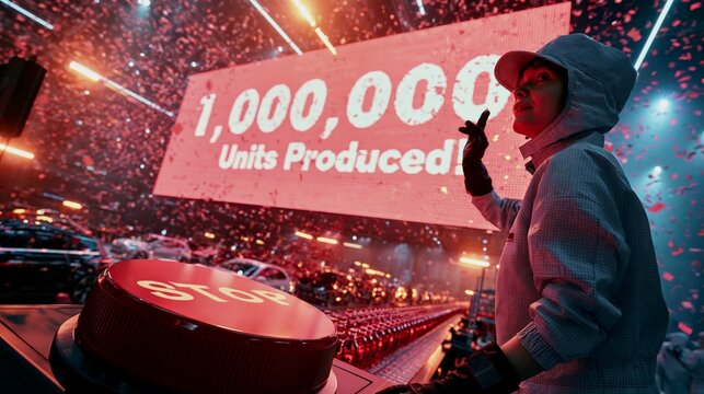 Production Line Worker Pressing the Stop Button After Completing the 1,000,000th Unit