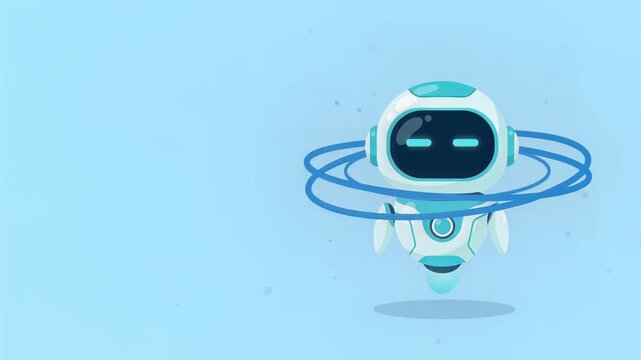 Cute Floating Robot Character with Orbiting Rings Flat Illustration