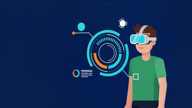Man Using Virtual Reality Headset with HUD Interface Animation Sequence